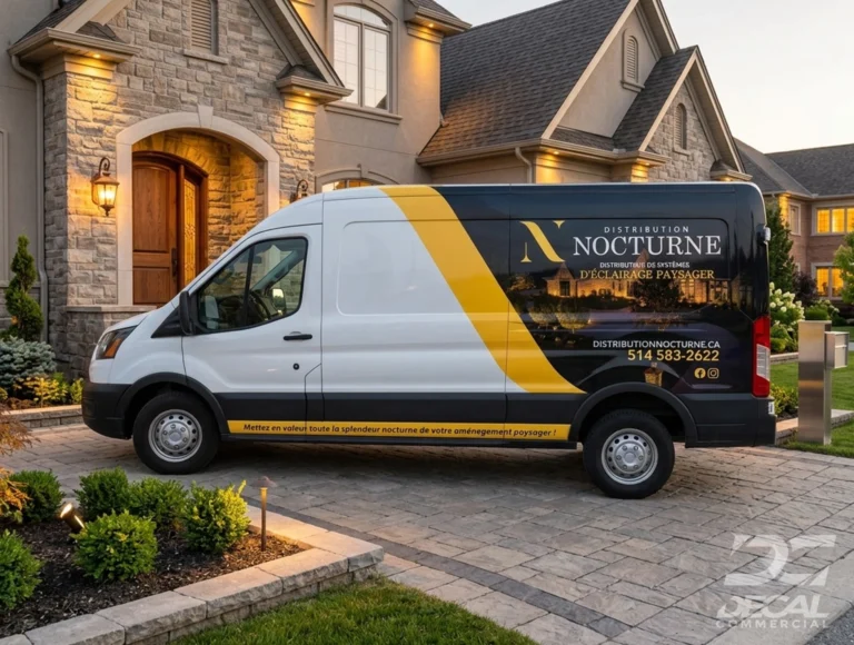 Habillage publicitaire de Ford Transit avec visuel d'éclairage paysager pour Distribution Nocturne.